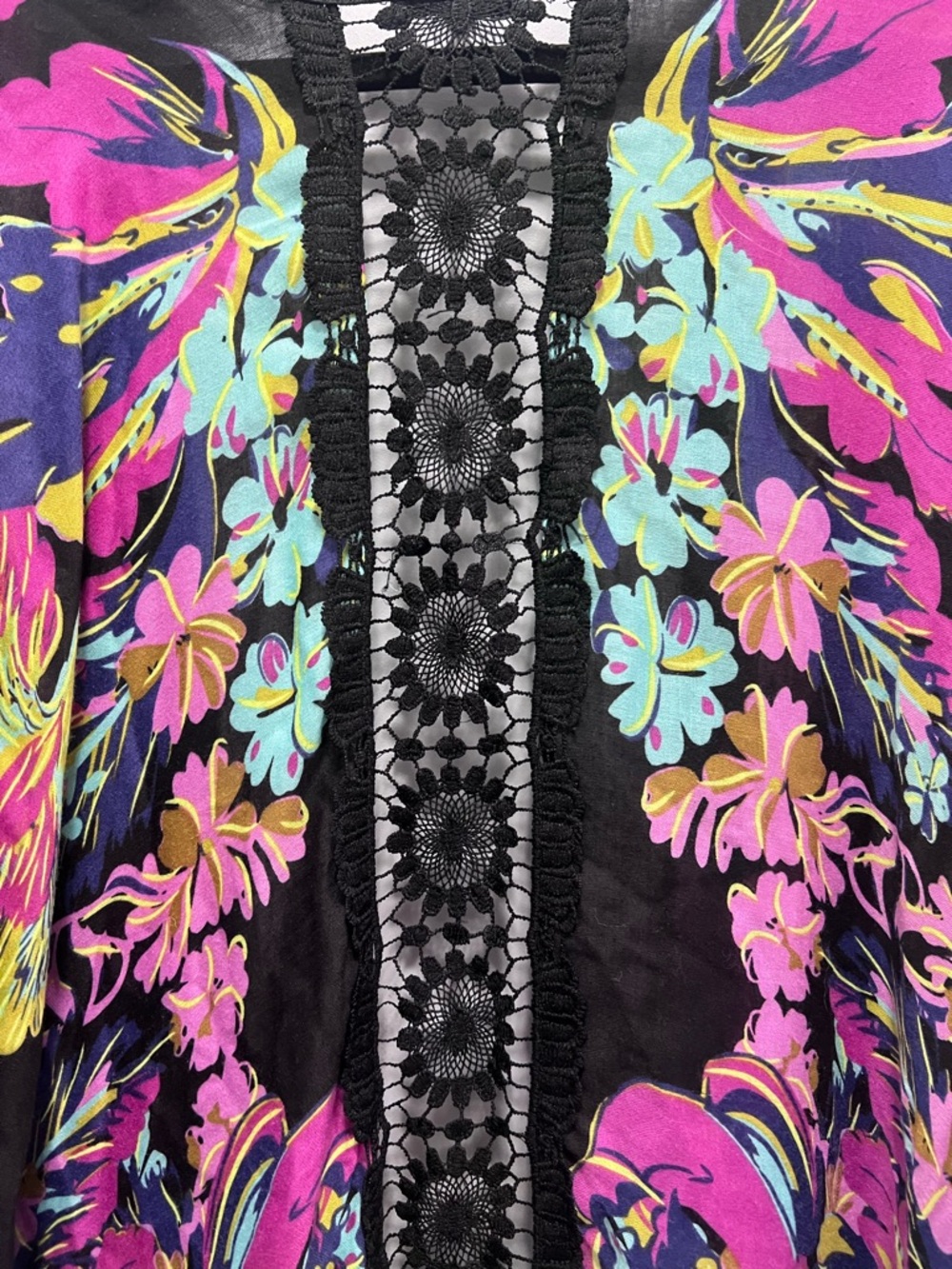 Woven Heart Gorgeous Black Floral Fringe Kimono with Pink & Teal Flowers - Picture 8 of 10